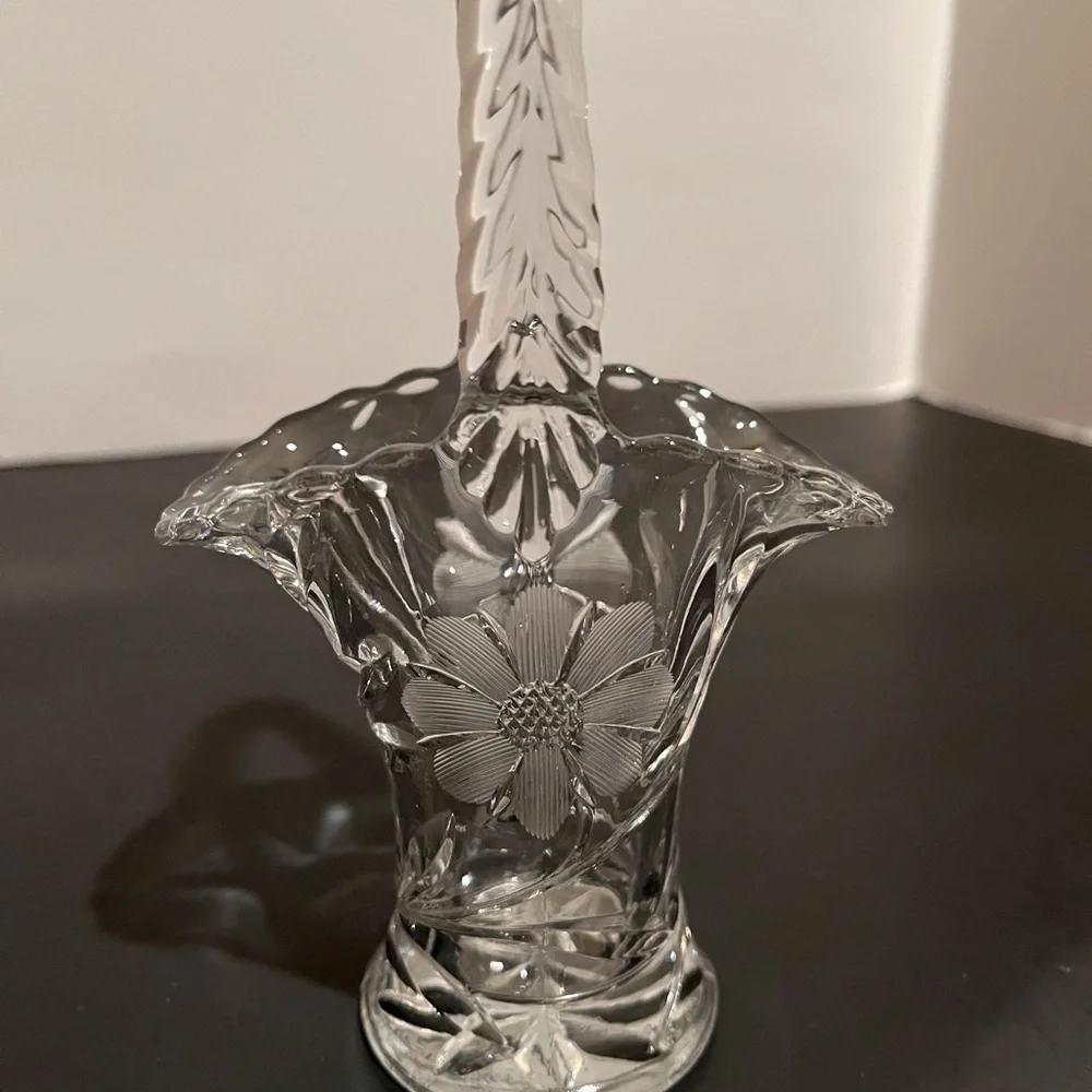 Vintage Petite Etched Glass Basket with Handle